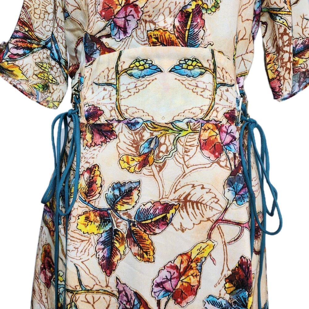 Pure Silk Botanical Kimono Sleeve Side tie Maxi Dress Small Fairycore Unbranded - Picture 3 of 12